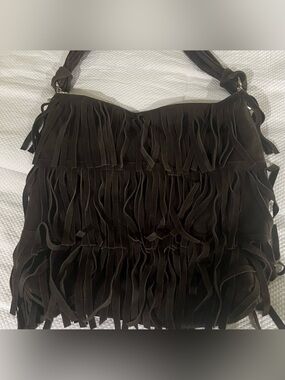 🩷Fringe Brown leather shoulder hobo style bag💚 with a suede tassel charm
